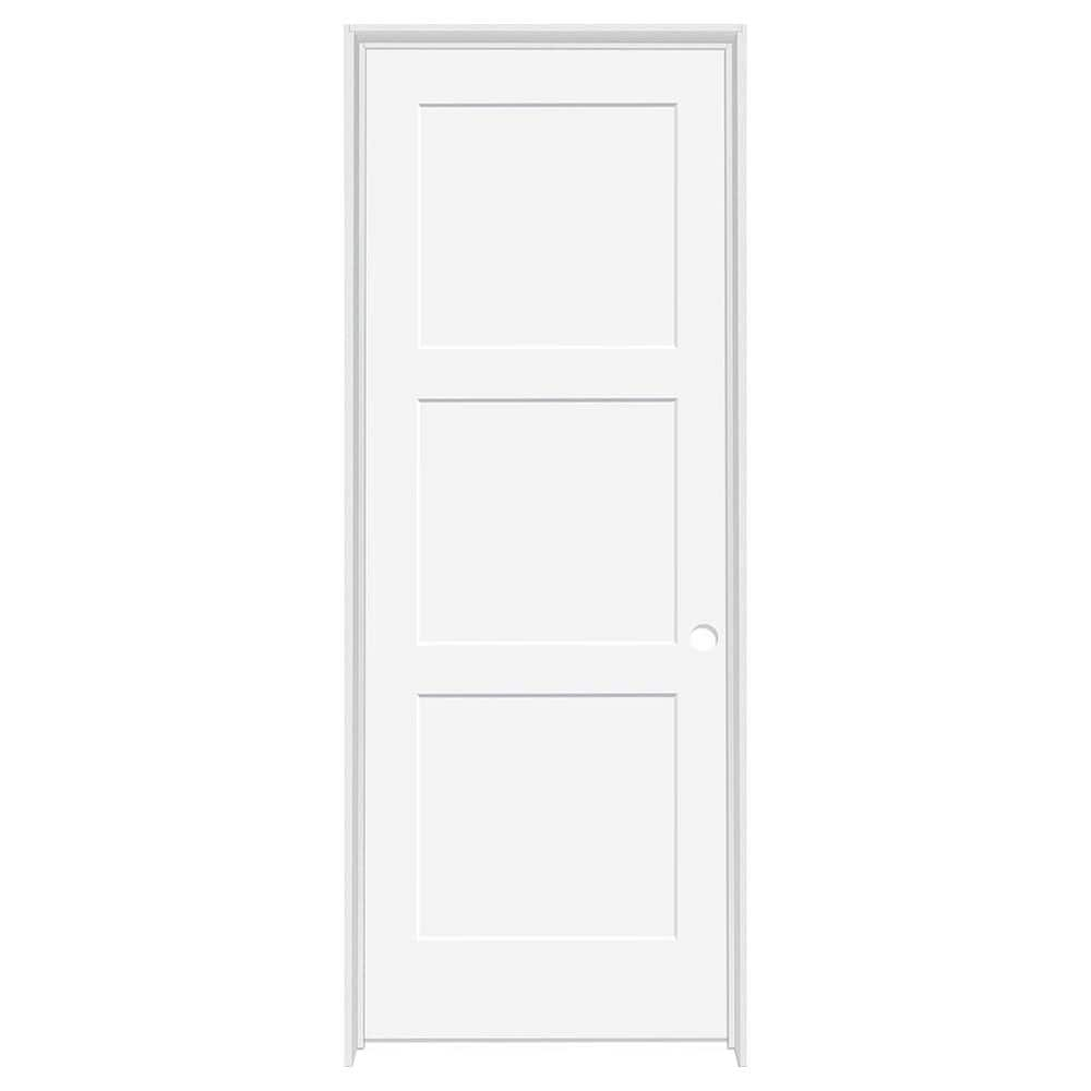 32 in. x 80 in. 3-Panel Equal Shaker White Primed LH Solid Core Wood Single Prehung Interior Door with Bronze Hinges -  Steves & Sons, 306158072