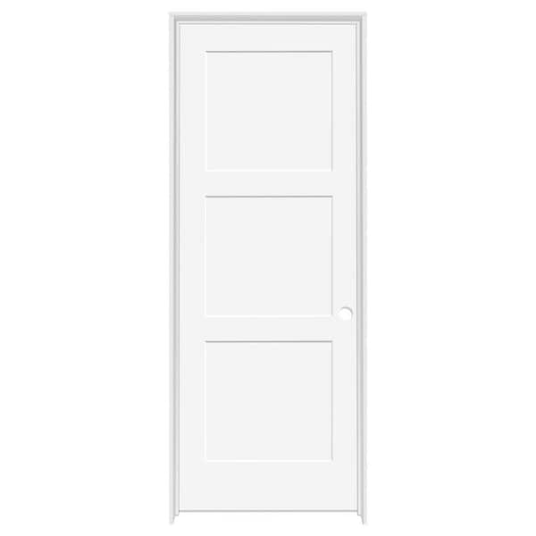 36 in. x 80 in. 3-Panel Equal Shaker White Primed LH Solid Core Wood Single Prehung Interior Door with Nickel Hinges