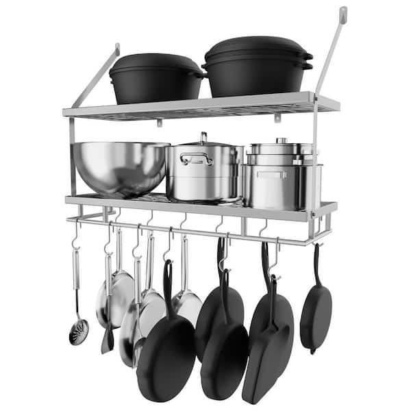 Silver Gray 30 in. Wall Mount Rectangular Pot Rack for Kitchen 2-Tier with 12 Hooks