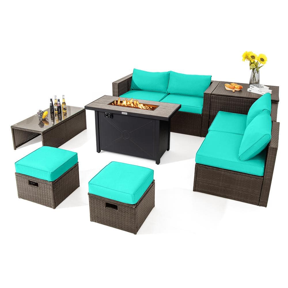 9-Piece PE Wicker Patio Conversation Set with Fire Pit Table Turquoise Cushions Outdoor Space-Saving Sectional Sofa Set -  HONEY JOY, TOPB007193