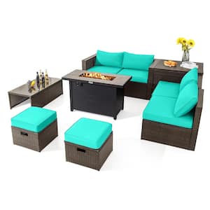 9-Piece PE Wicker Patio Conversation Set with Fire Pit Table Turquoise Cushions Outdoor Space-Saving Sectional Sofa Set