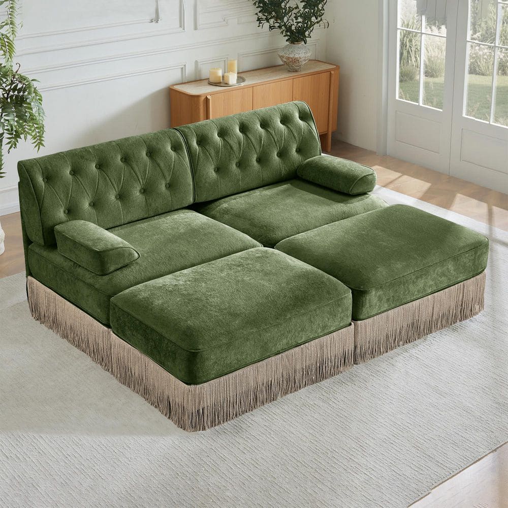 Modern 76.6 in. Curved Arms Velvet Tufted Modular Sectional Sofa Loveseat in Green with 2 Ottomans and Skirt Base