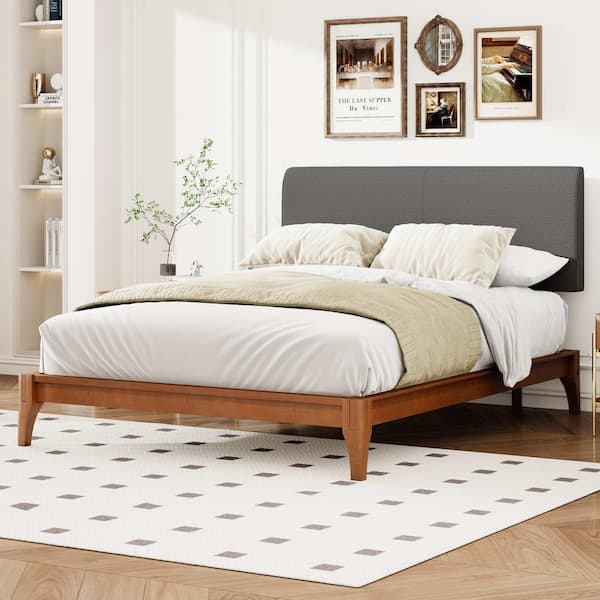 Polibi Brown Bamboo Frame Full Platform Bed with Gray Curved Upholstered Adjustable Headboard