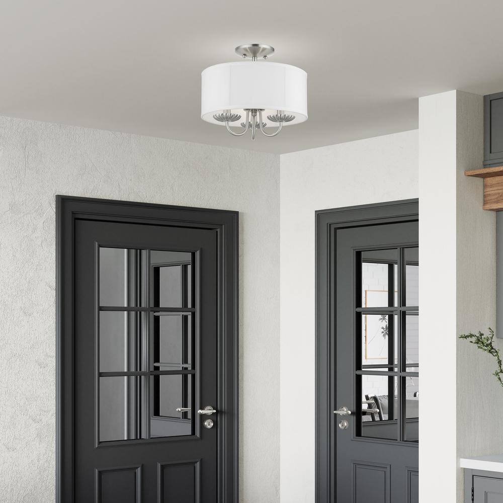 Transitional Brookdale Brushed Nickel 3-Light Semi-Flush Mount with Off-White Drum Shade