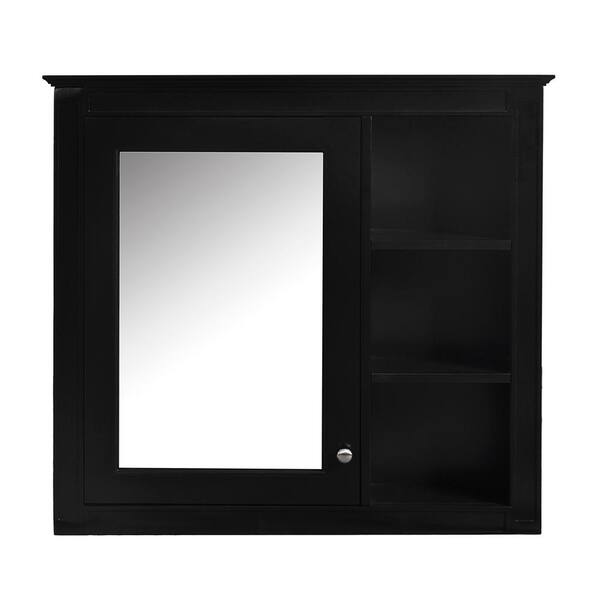 30 in. W x 28 in. H Rectangular Wood Medicine Cabinet with Mirror and 3-Open Shelves in Black