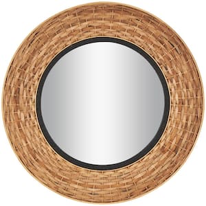 38 in. H x 38 in. W. Handmade Round Framed Brown Wall Mirror with Black Inner Frame