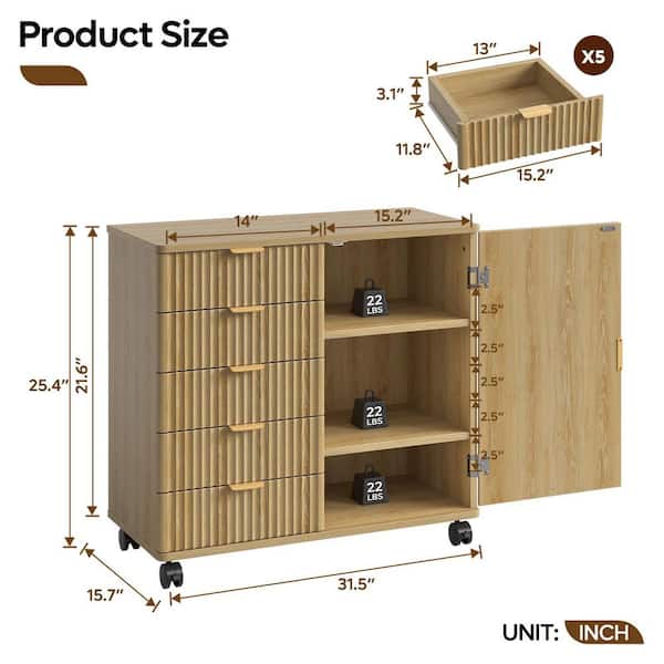 Bestier 5-Drawer Natural Oak Wood 32 in. W Rolling Lateral File