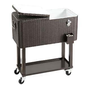 80 qt. Rolling Ice Chest, Portable Bar Drink Cooler with Catch Basin, Bottom Storage Tray and Bottle Opener, Rattan
