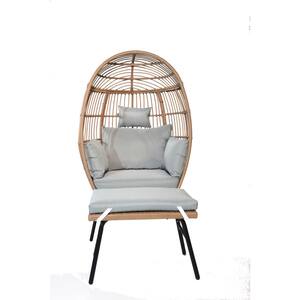 Natural Wicker Outdoor Lounge Chair, Patio Egg Chair and Footstool Chaise with Grey Cushions for Garden, Backyard, Porch
