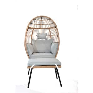 Natural Wicker Outdoor Lounge Chair, Patio Egg Chair and Footstool Chaise with Grey Cushions for Garden, Backyard, Porch