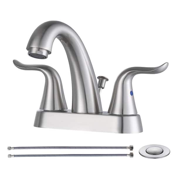 AVITAS Modern High Arc 4 in. Centerset Double Handle Bathroom Faucet with Lift Rod Drain Kit in Brushed Nickel