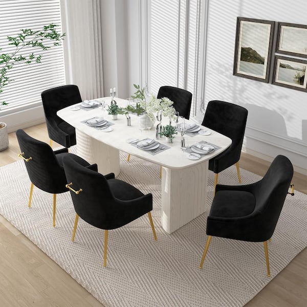 Clihome 7-Piece Solid Wood Top Dining Table Set with Black Velvet Dining Chair (Seats of 6)