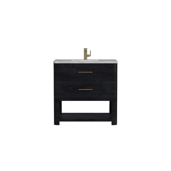 James Martin Vanities Lucian 36.0 in. W x 21.5 in. D x 36 in. H Single Bathroom Vanity Carbon Oak and Victorian Silver Quartz Top