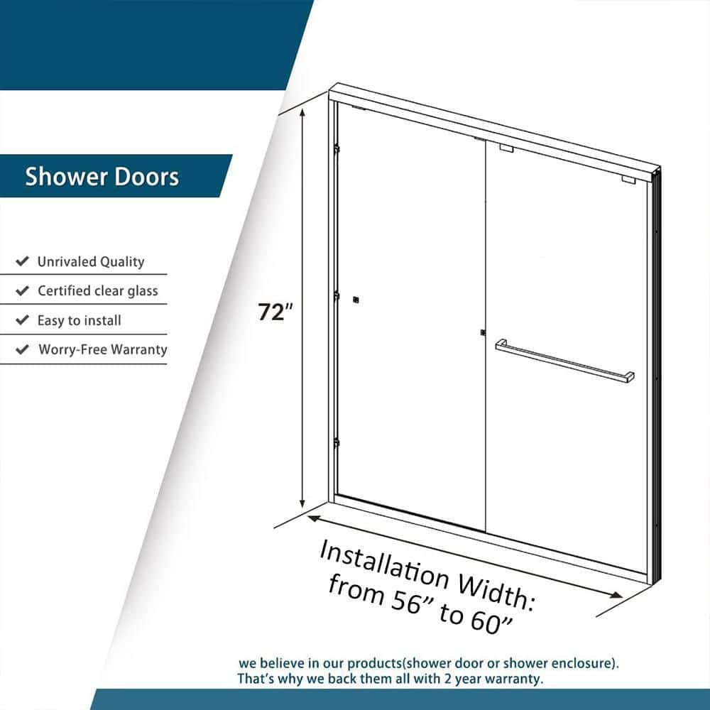 60" Matte Black Semi-Frameless Sliding Shower Door with Clear Glass