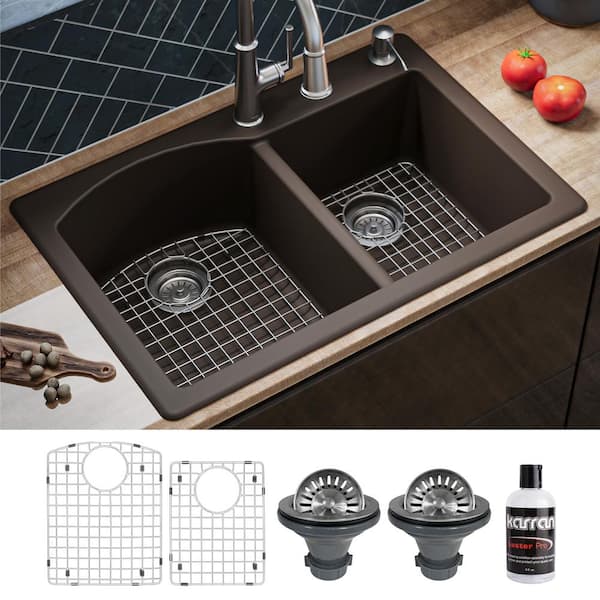 Karran QT-610 Quartz/Granite 33 in. Double Bowl 60/40 Top Mount Drop-In Kitchen Sink in Brown with Bottom Grid and Strainer