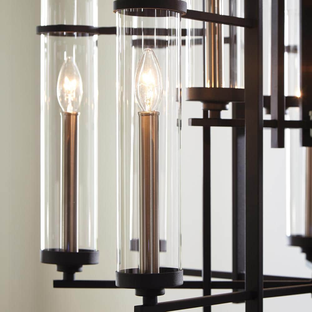 Antique Forged Iron and Brushed Steel 12-Light Chandelier with Clear Glass Shades