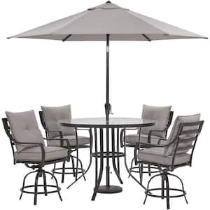 Lavallette 5-Piece Steel Outdoor Dining Set with Silver Linings Cushions, 4 Swivel Chairs, Table, Umbrella, Base