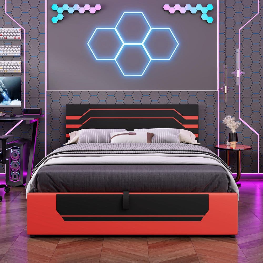 Polibi Black/Red Plywood Frame Queen Size Platform Bed with