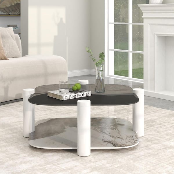 35. 43 in. White Square Convertible Marble Coffee Table with Stainless Steel Legs