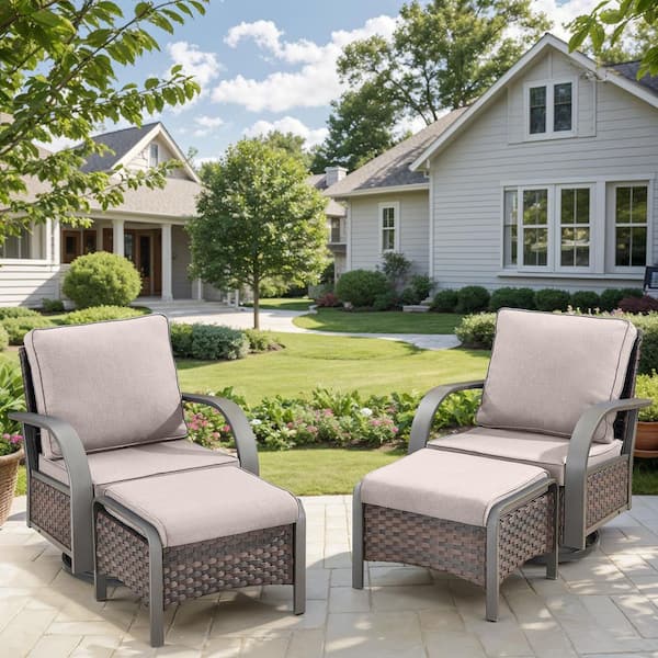 Gymojoy Carlos 4-Person All-Weather Brown Wicker Outdoor Glider with Ottomans and Beige Cushions