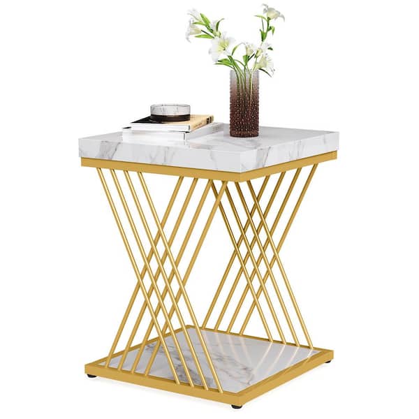 BYBLIGHT Kerlin 20 in. White Gold Wood Square Side Table, 2-Tier Modern End Table with Metal Frame for Living Room