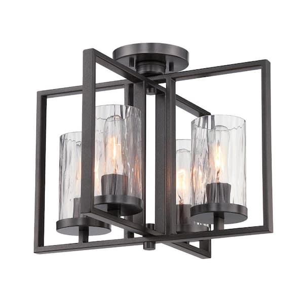 Elements 14.5 in. 4-Light Charcoal Industrial Semi-Flush Mount with Clear Rain Glass Shades and 4 Vintage Style Bulbs
