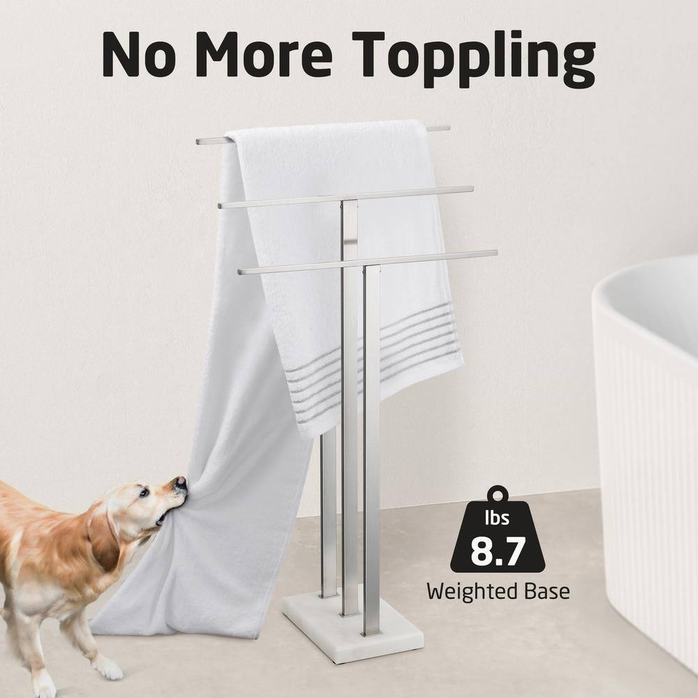 Brushed Steel Freestanding Triple Towel Rack with Marble Base