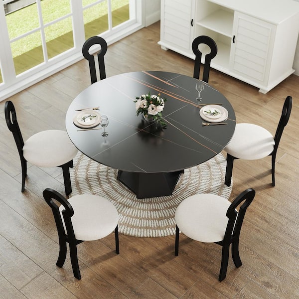 59 in. Black Round Sintered Stone Tabletop Black Pedestal Base Kitchen Dining Table (Seats-8)