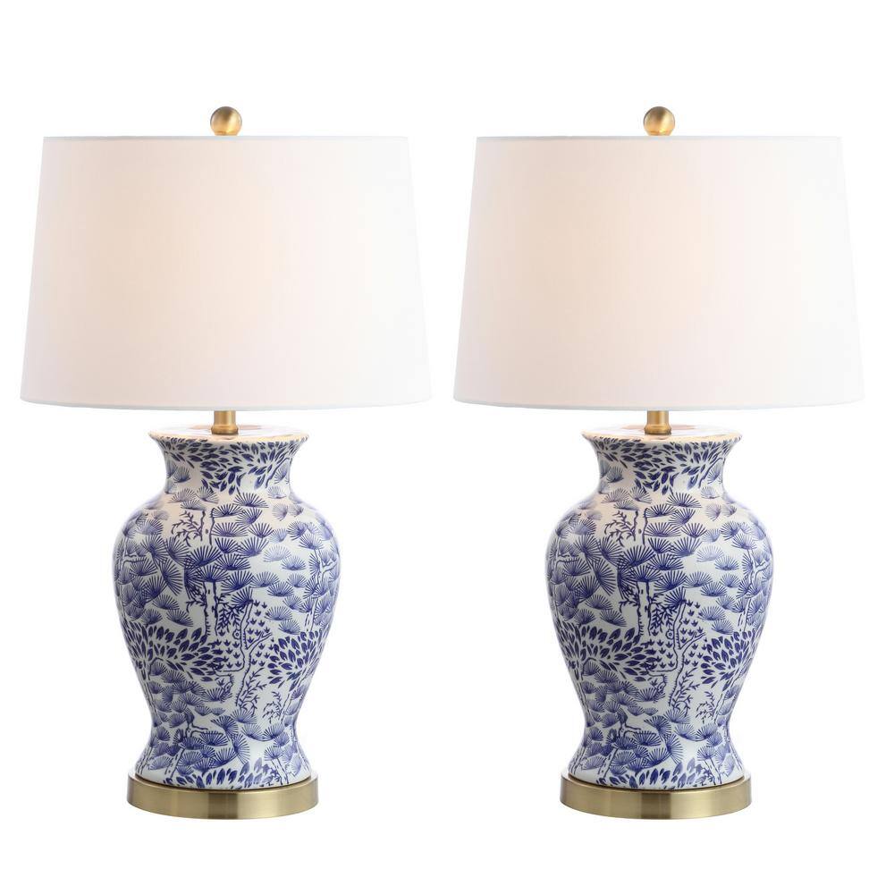 Alona Blue and White Ceramic Table Lamp Set with Brass Base