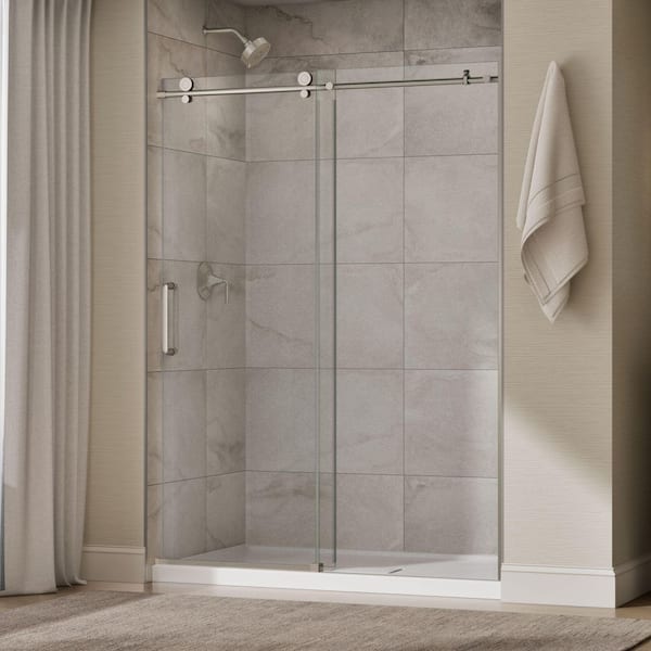 Cursiva 56-60 in. W x 78 in. H Sliding Frameless Shower Door in Anodized Brushed Nickel with 5/16 in. Thick Clear Glass