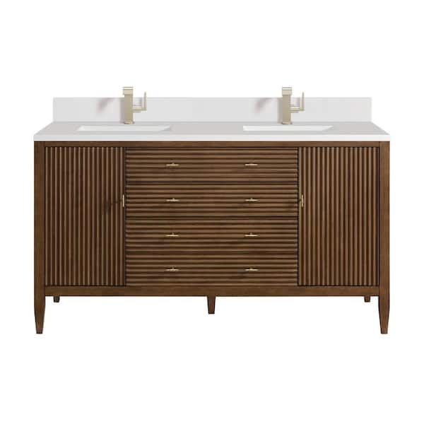 James Martin Vanities Myrrin 60.0 in. W x 23.5 in. D x 34.06 in. H Double Bathroom Vanity in Mid-Century Walnut with White Zeus Quartz Top