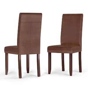 Acadian Transitional Parson Dining Chair in Distressed Saddle Brown Faux Leather (Set of 2)