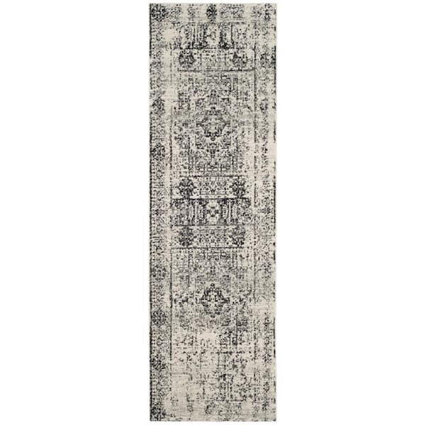 Evoke 2 ft. x 19 ft. Ivory/Black Distressed Medallion Runner Rug