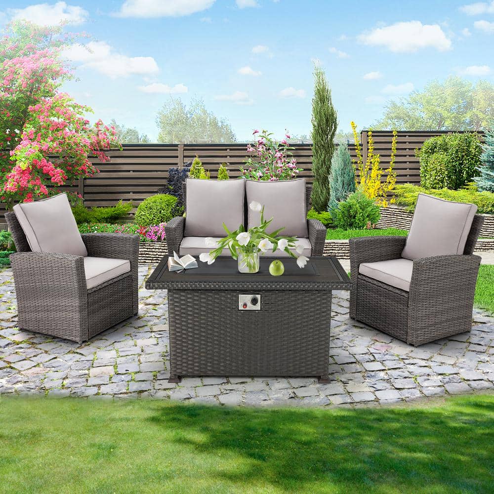 4 Piece Wicker Patio Conversation Set with 44 In. 50,000 BTU Black Fire Pit