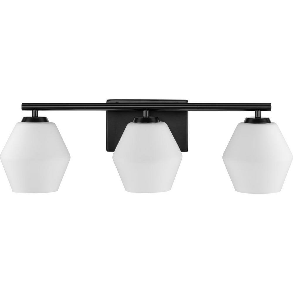 Matte Black Three-Light Geometric Vanity Light with Opal Glass Shades