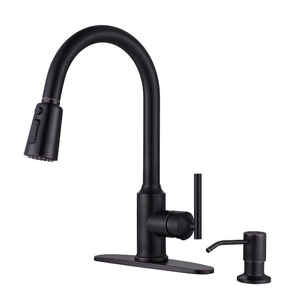 WOWOW Single Handle Pull Down Sprayer Kitchen Faucet in Oil Rubbed Bronze, Stainless Steel Kitchen Faucet with Soap Dispenser