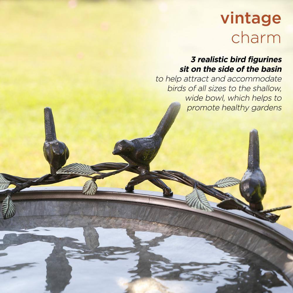 Silver Metal Birdbath with Stand and Bird Figurines