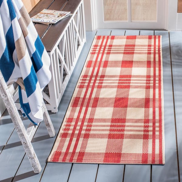 Courtyard Red/Bone 2 ft. x 14 ft. Striped Indoor/Outdoor Patio  Runner Rug