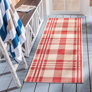 Courtyard Red/Bone 2 ft. x 7 ft. Striped Indoor/Outdoor Patio  Runner Rug