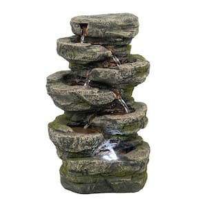 9 in. x 5 in. x 14 in. Gray Stone-Look Water Fountain 7-Tier Polyresin Cascading Rock Tabletop Fountain with LED Light