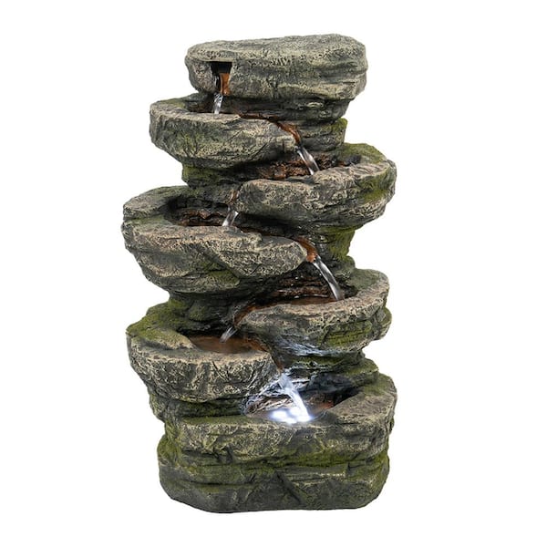 canadine 9 in. x 5 in. x 14 in. Gray Stone-Look Water Fountain 7-Tier Polyresin Cascading Rock Tabletop Fountain with LED Light