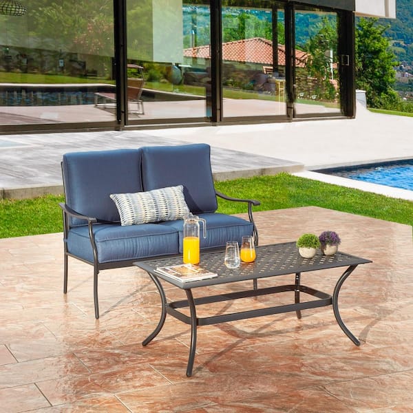 2-Piece Metal Patio Conversation Deep Seating Set with Blue Cushions