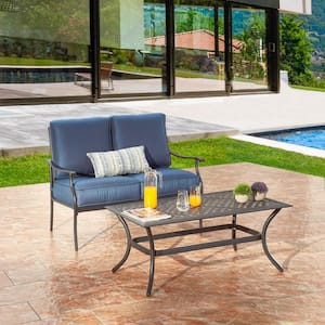 2-Piece Metal Patio Conversation Deep Seating Set with Blue Cushions