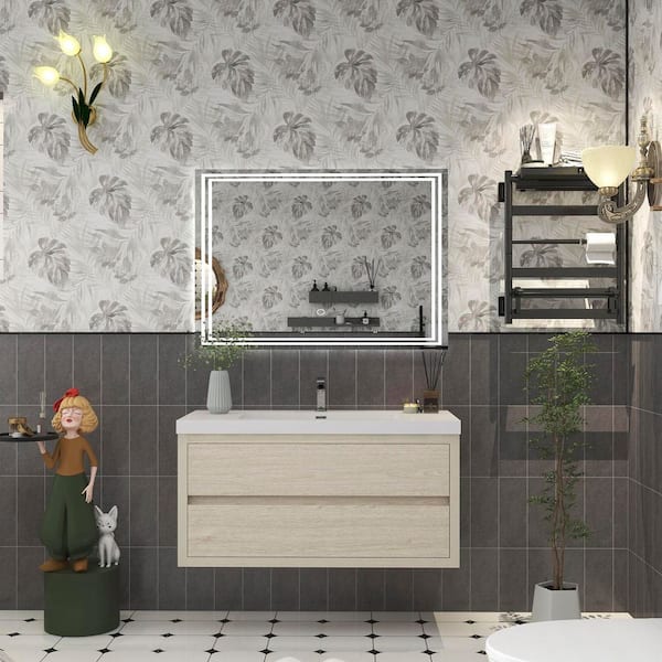 Louis 42 in. W x 20 in. D x 22 in. H Single Sink Floating Bath Vanity in Light Wood with White Acrylic Top