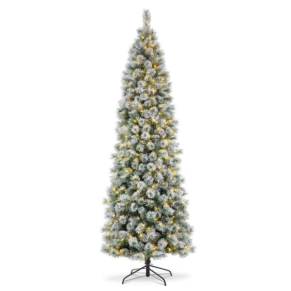 Glitzhome 9 ft. Pre-Lit Flocked Pencil Pine Artificial Christmas Tree with 500 Warm White Lights