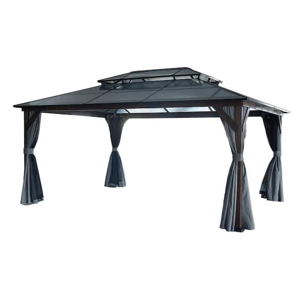 Unbranded 12 ft. x 16 ft. Black Hardtop Wood Gazebo, Outdoor Patio Canopy with Double Roof, Privacy Curtains and Mosquito Nettings