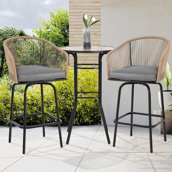 HOMEFUN 3-Piece Steel Woven Wicker Outdoor Dining Set 2-Swivel Bar Stools with Grey Cushion and 1-Height Adjustable Leg Table