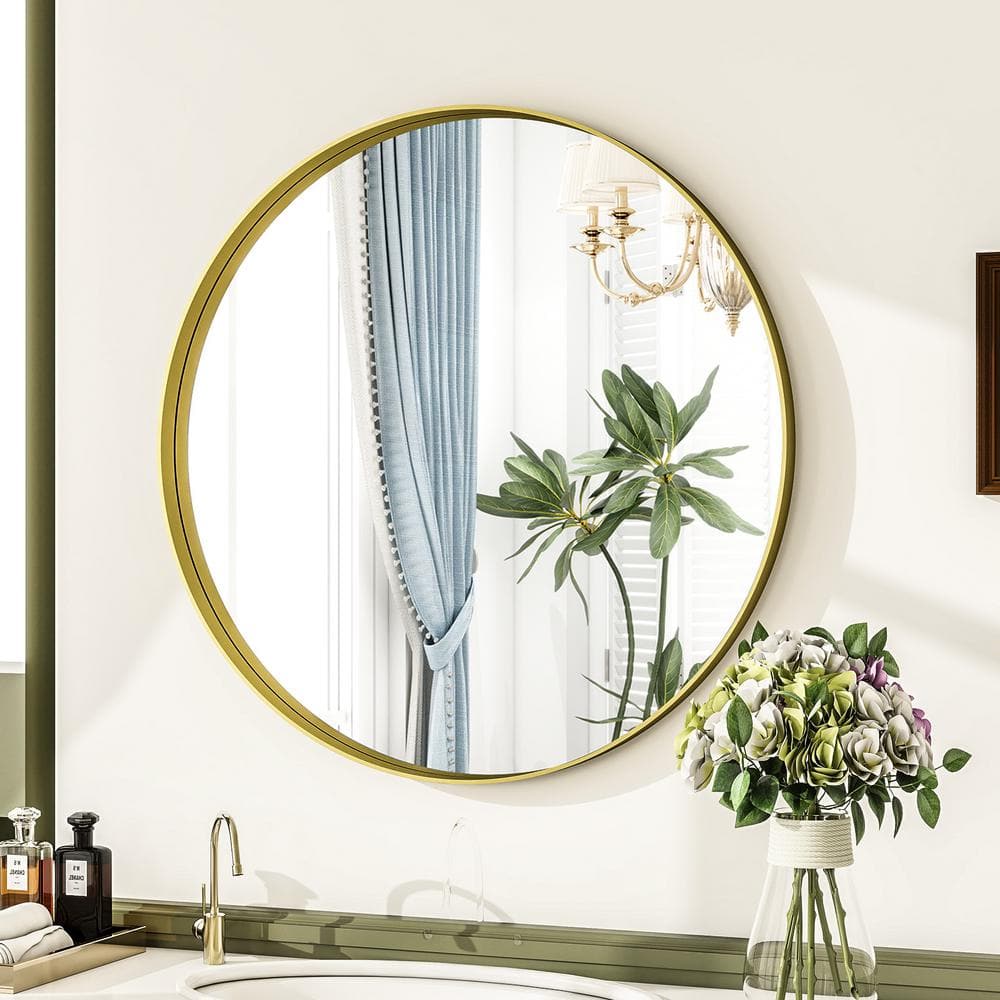 GLSLAND 30 in. W x 30 in. H Round Gold Metal Deep Framed Wall Bathroom ...
