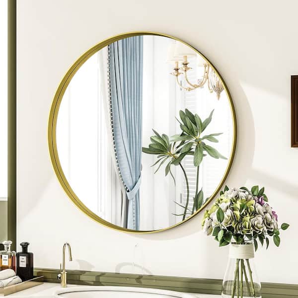 GLSLAND 30 in. W x 30 in. H Round Gold Metal Deep Framed Wall Bathroom Vanity Mirror