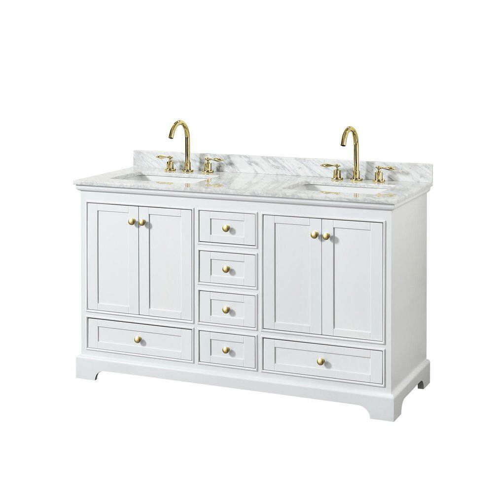 Deborah 60" White and Gold Double Bathroom Vanity with Marble Top